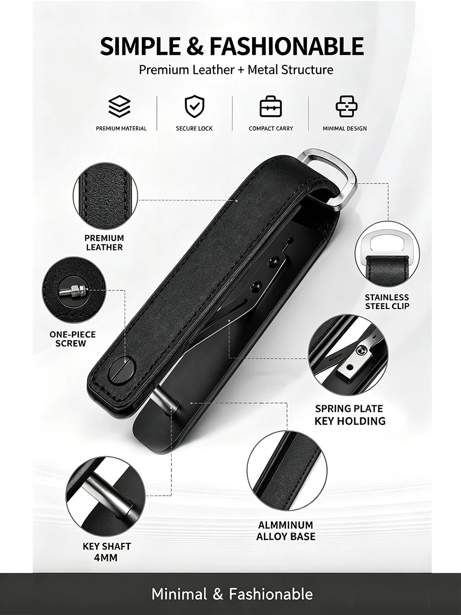 Portable Multi-function Leather Key Case Aluminum Key Organizer Clip Durable Pocket Keychain Holder for Standard Keys