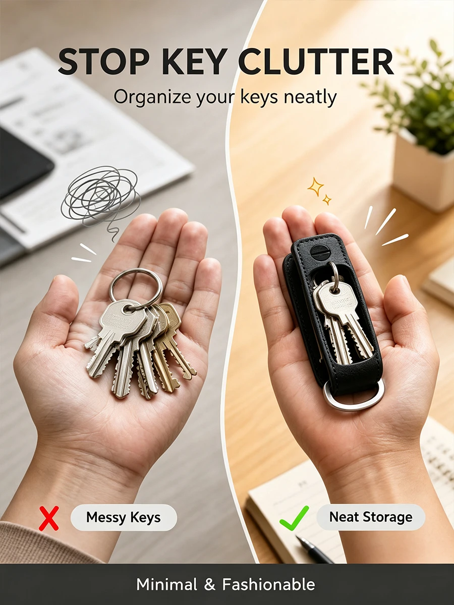 Portable Multi-function Leather Key Case Aluminum Key Organizer Clip Durable Pocket Keychain Holder for Standard Keys
