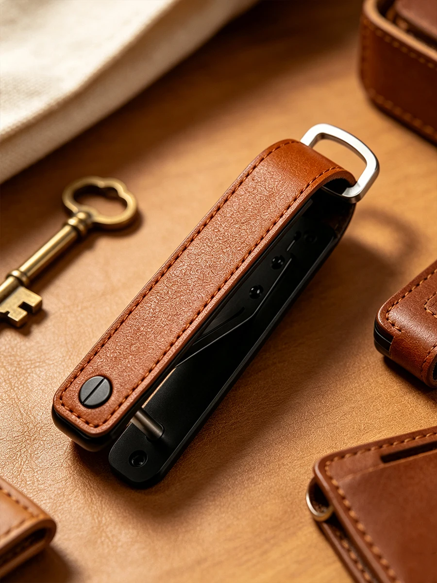 Portable Multi-function Leather Key Case Aluminum Key Organizer Clip Durable Pocket Keychain Holder for Standard Keys