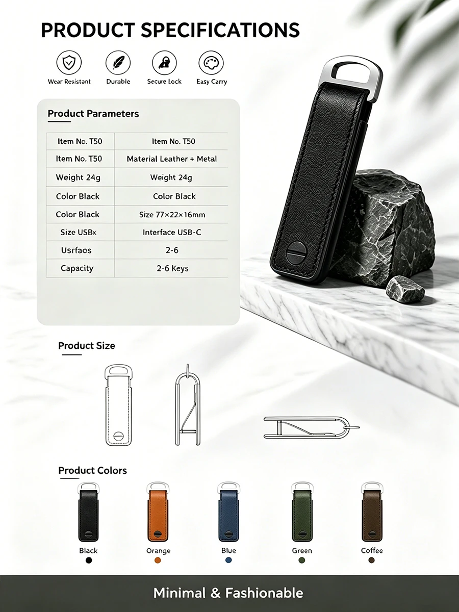 Portable Multi-function Leather Key Case Aluminum Key Organizer Clip Durable Pocket Keychain Holder for Standard Keys