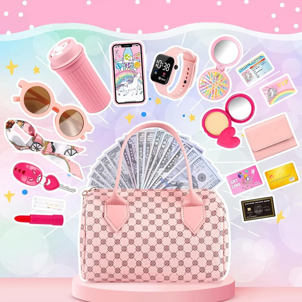 Funny Play Purse for Girls Princess Gifts Play Purse Set Top Handle Bag Cell Phone/Makeup/Water Bottle Christmas Birthday Gift