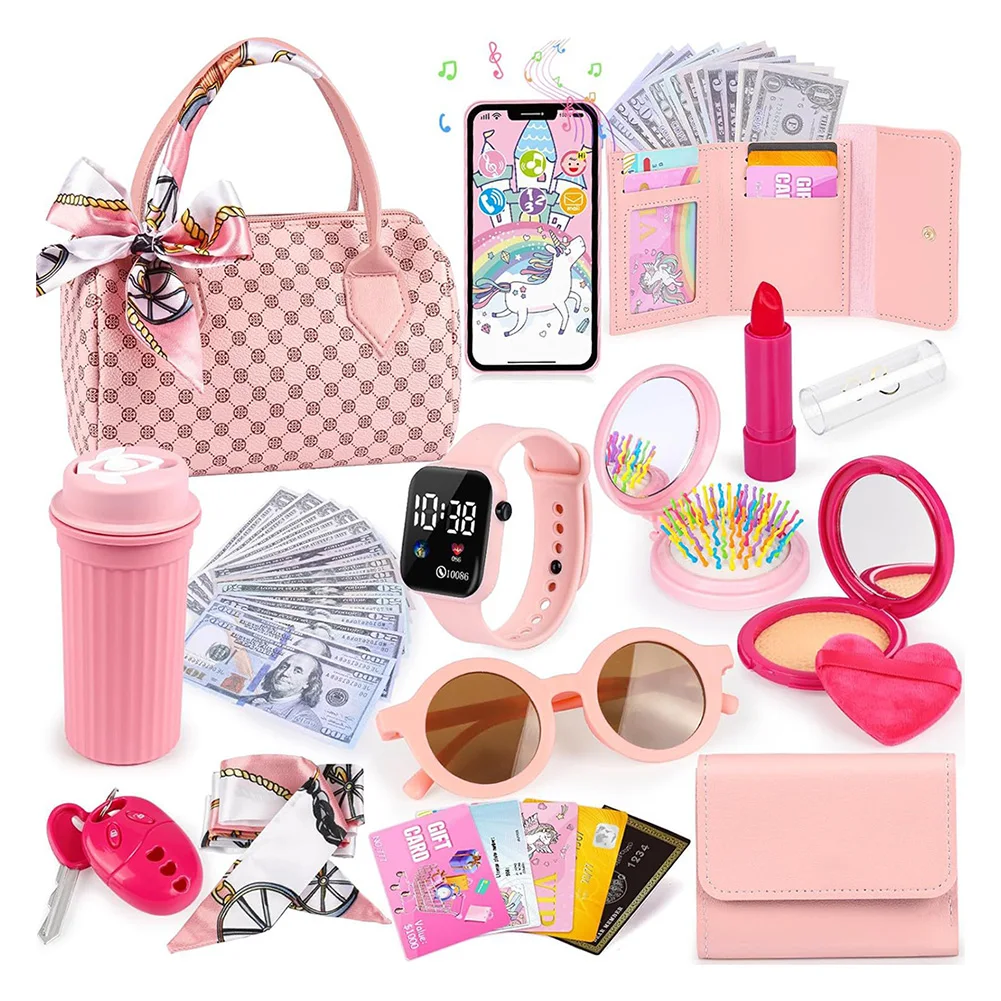 Funny Play Purse for Girls Princess Gifts Play Purse Set Top Handle Bag Cell Phone/Makeup/Water Bottle Christmas Birthday Gift