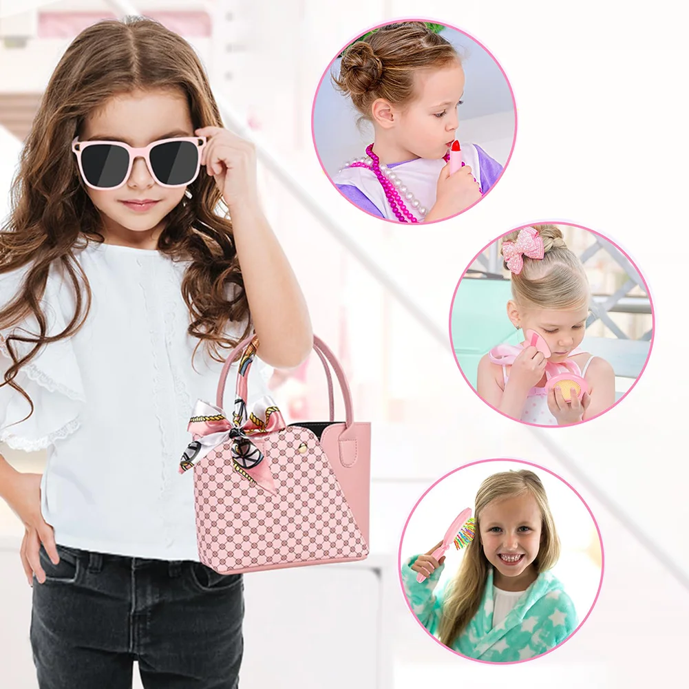 Funny Play Purse for Girls Princess Gifts Play Purse Set Top Handle Bag Cell Phone/Makeup/Water Bottle Christmas Birthday Gift