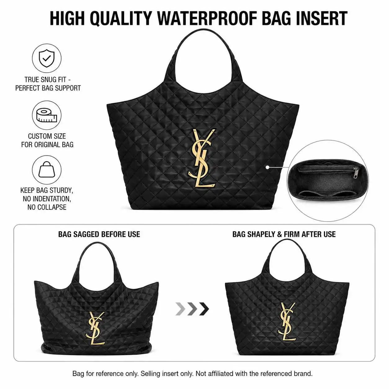 Organizer Insert Compatible with Saint Laurent ICARE Shopping Bag Maxi, Slim Waterproof Bag Liner with Zip Pocket 35 x 6 x 24 cm