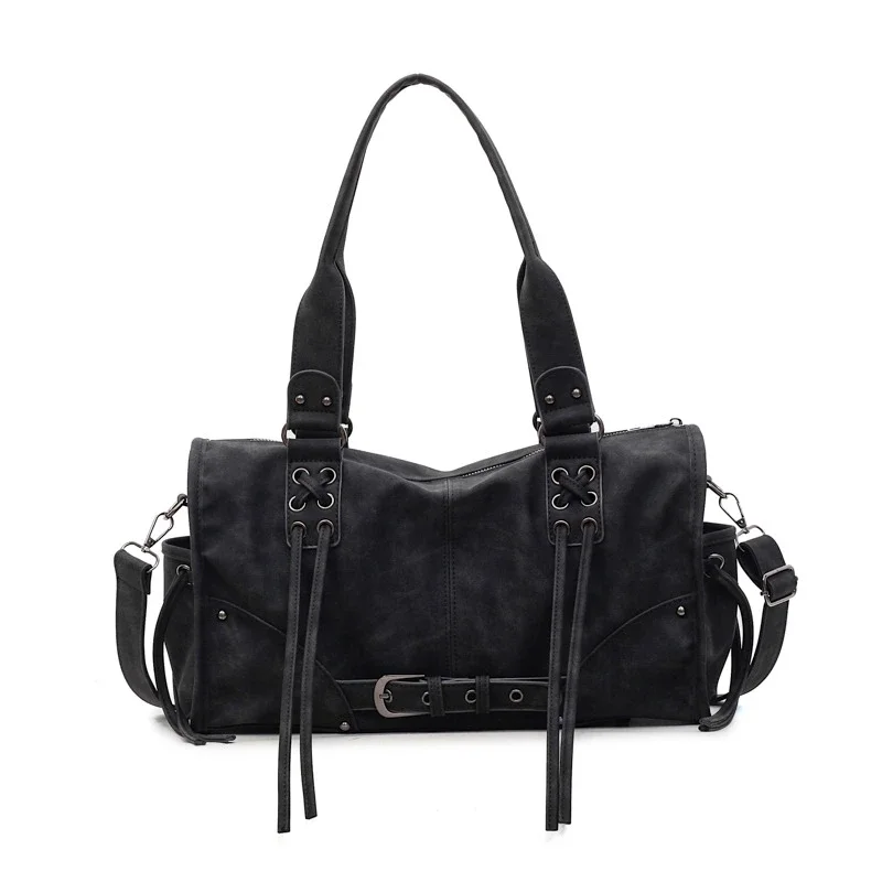 Retro Motorcycle Handbag Women Horizontal Tote Storage Tassel Design Pillow Shoulder Bag Trendy Large Capacity Soft Underarm Bag