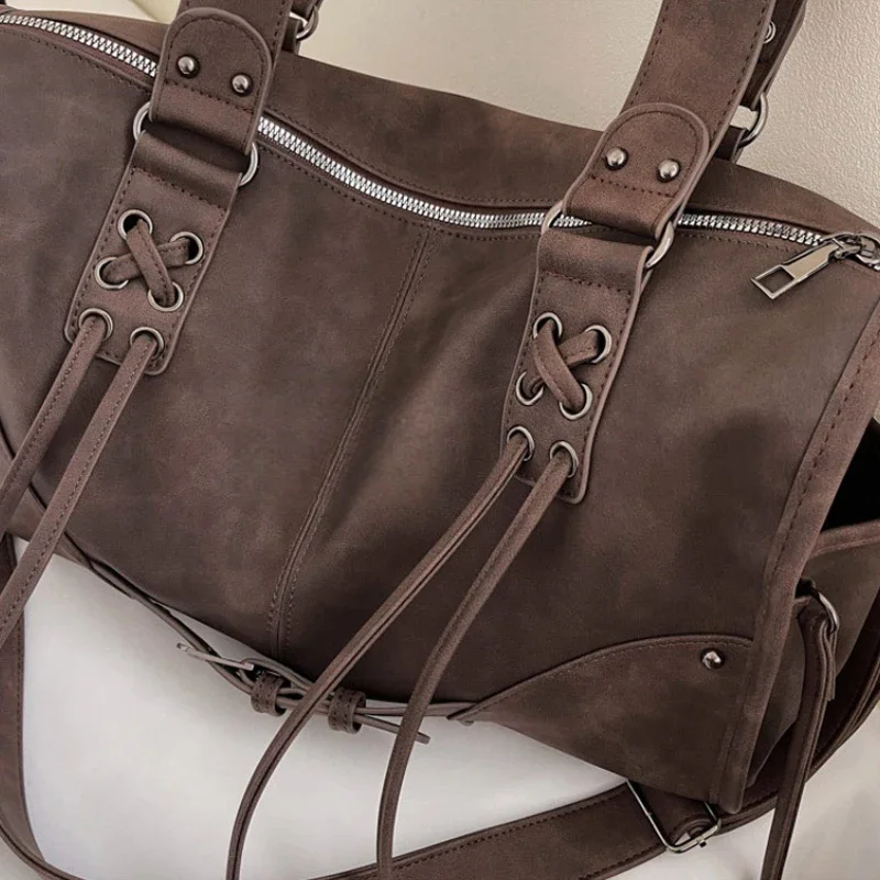 Retro Motorcycle Handbag Women Horizontal Tote Storage Tassel Design Pillow Shoulder Bag Trendy Large Capacity Soft Underarm Bag