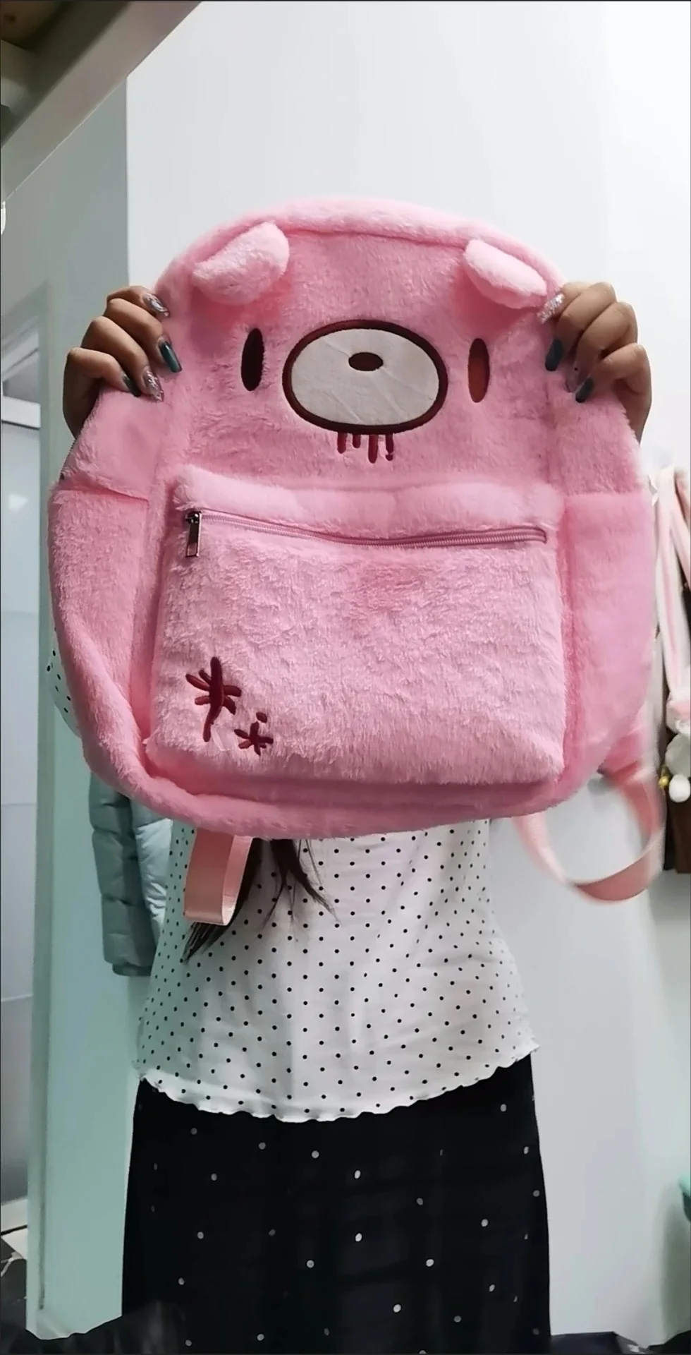Y2K Pink Plush Bear Backpack Kawaii Creepy Cute Doll Bag Goth Punk Stuffed Animal Rucksack Women Girls Harajuku Streetwear Gift