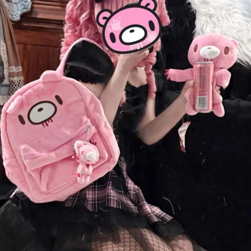 Y2K Pink Plush Bear Backpack Kawaii Creepy Cute Doll Bag Goth Punk Stuffed Animal Rucksack Women Girls Harajuku Streetwear Gift