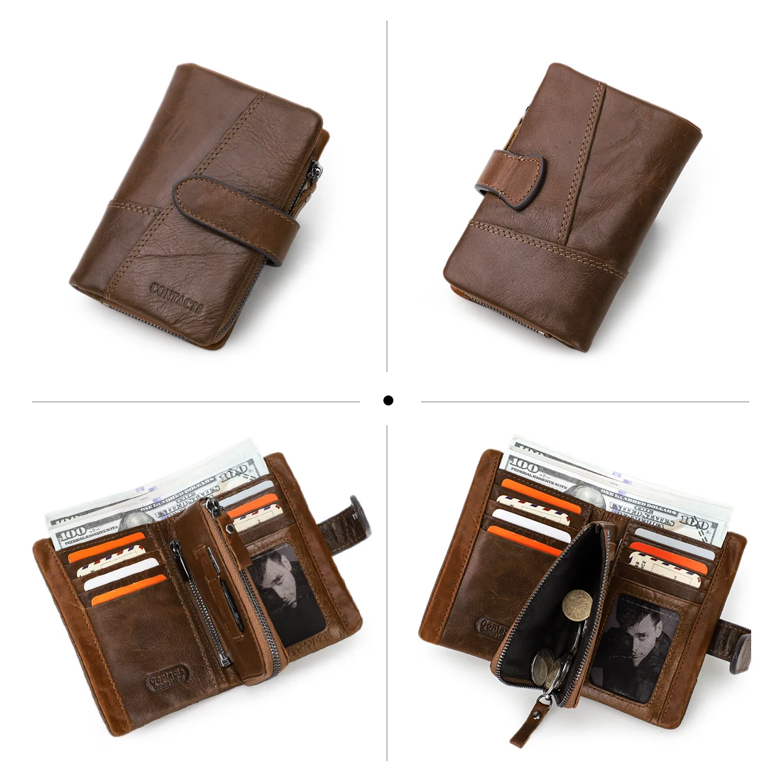 CONTACT'S Genuine Leather Men Short Wallets Hasp Bifold Card Holder Money Clip Coin Purse Retro Male Mini Wallets High Quality