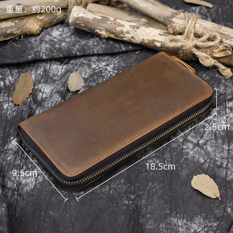 Luufan Vintage Crazy Horse Leather Men Women Long Purse Wallet Credit Card Double Zip Wallets Long Wallet Male Clutch Purse