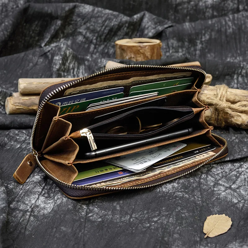 Luufan Vintage Crazy Horse Leather Men Women Long Purse Wallet Credit Card Double Zip Wallets Long Wallet Male Clutch Purse