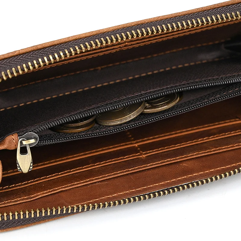 Luufan Vintage Crazy Horse Leather Men Women Long Purse Wallet Credit Card Double Zip Wallets Long Wallet Male Clutch Purse