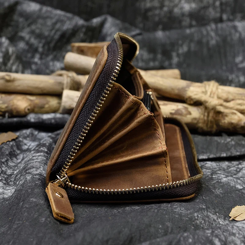 Luufan Vintage Crazy Horse Leather Men Women Long Purse Wallet Credit Card Double Zip Wallets Long Wallet Male Clutch Purse