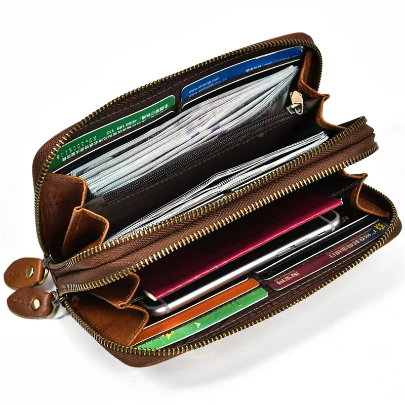 Luufan Vintage Crazy Horse Leather Men Women Long Purse Wallet Credit Card Double Zip Wallets Long Wallet Male Clutch Purse