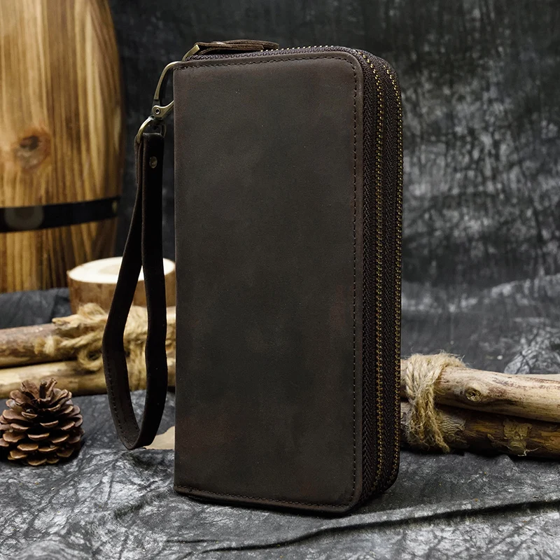 Luufan Vintage Crazy Horse Leather Men Women Long Purse Wallet Credit Card Double Zip Wallets Long Wallet Male Clutch Purse