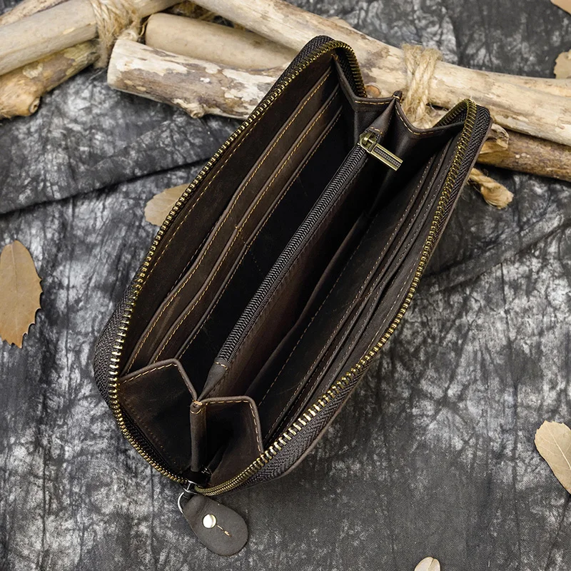 Luufan Vintage Crazy Horse Leather Men Women Long Purse Wallet Credit Card Double Zip Wallets Long Wallet Male Clutch Purse