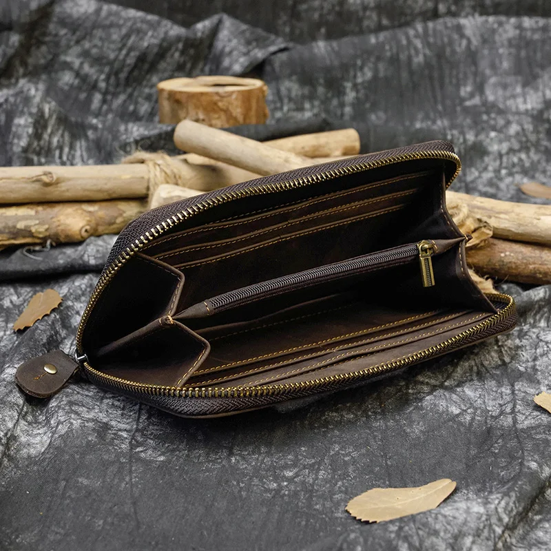 Luufan Vintage Crazy Horse Leather Men Women Long Purse Wallet Credit Card Double Zip Wallets Long Wallet Male Clutch Purse