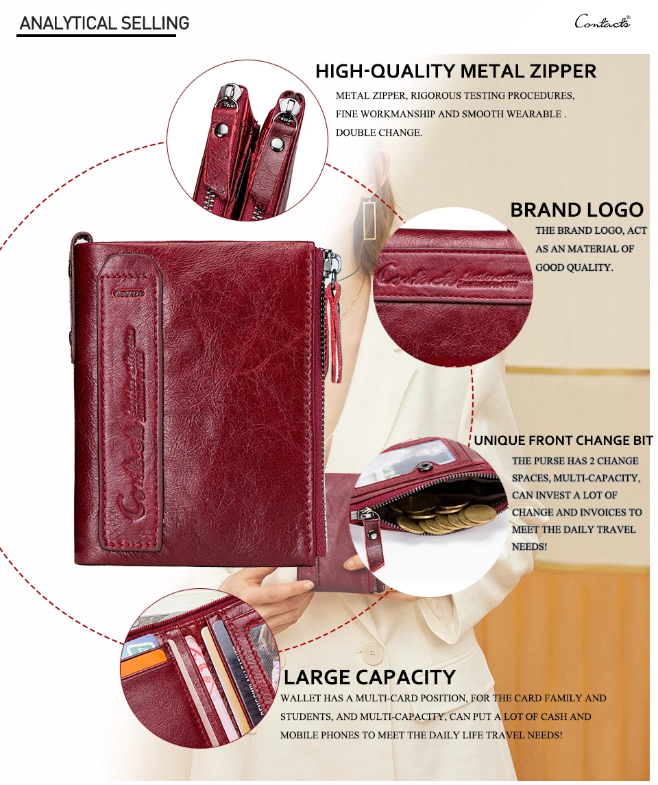 CONTACT'S Fashion Genuine Leather Women Wallet Bifold Card Holder Coin Purse Small Women's Purse Money Clip Men Pocket Wallets