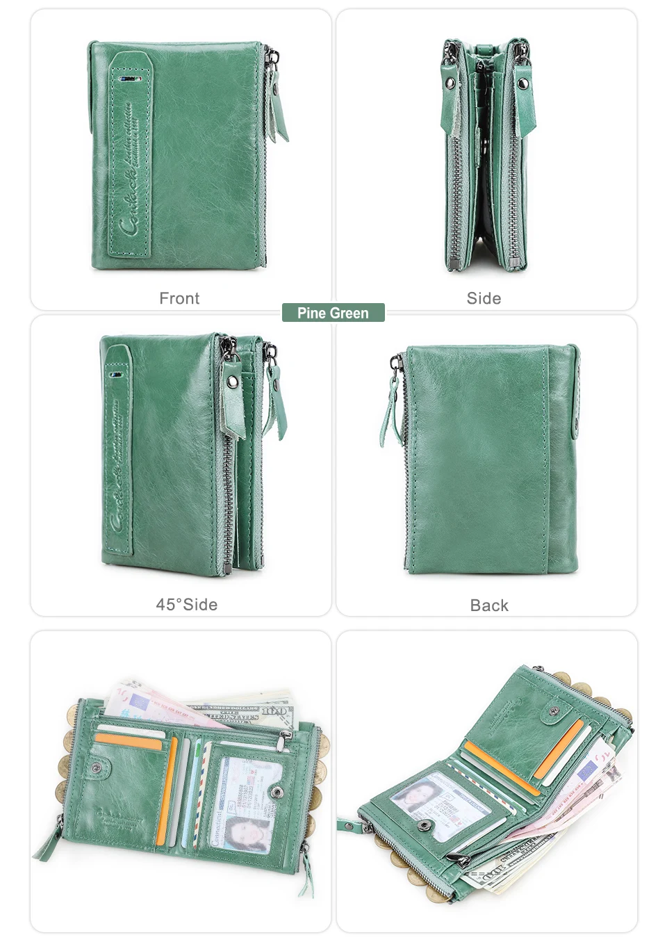 CONTACT'S Fashion Genuine Leather Women Wallet Bifold Card Holder Coin Purse Small Women's Purse Money Clip Men Pocket Wallets