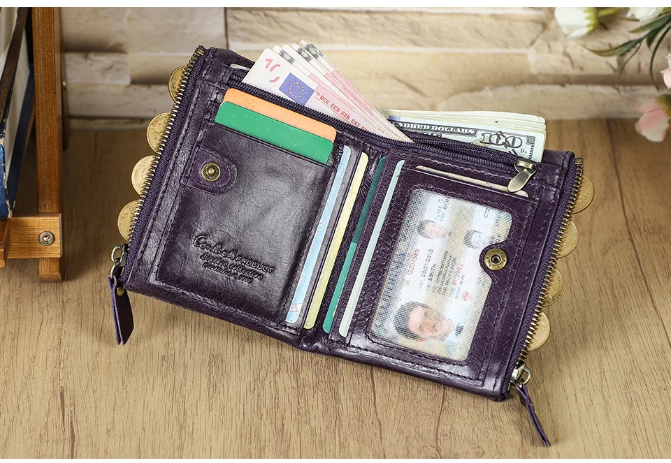 CONTACT'S Fashion Genuine Leather Women Wallet Bifold Card Holder Coin Purse Small Women's Purse Money Clip Men Pocket Wallets