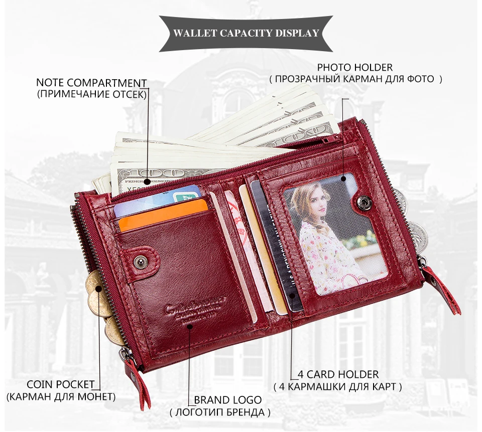 CONTACT'S Fashion Genuine Leather Women Wallet Bifold Card Holder Coin Purse Small Women's Purse Money Clip Men Pocket Wallets