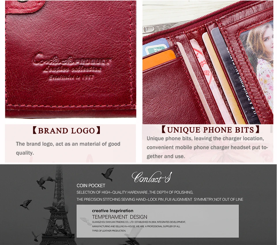CONTACT'S Fashion Genuine Leather Women Wallet Bifold Card Holder Coin Purse Small Women's Purse Money Clip Men Pocket Wallets
