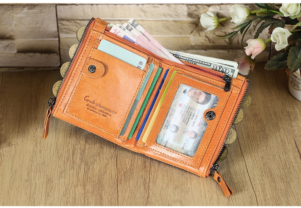 CONTACT'S Fashion Genuine Leather Women Wallet Bifold Card Holder Coin Purse Small Women's Purse Money Clip Men Pocket Wallets