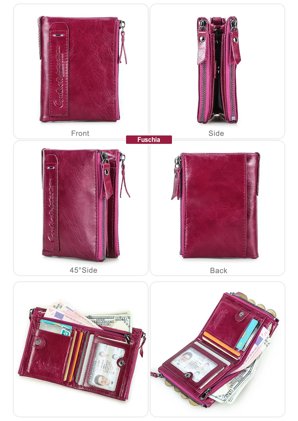 CONTACT'S Fashion Genuine Leather Women Wallet Bifold Card Holder Coin Purse Small Women's Purse Money Clip Men Pocket Wallets