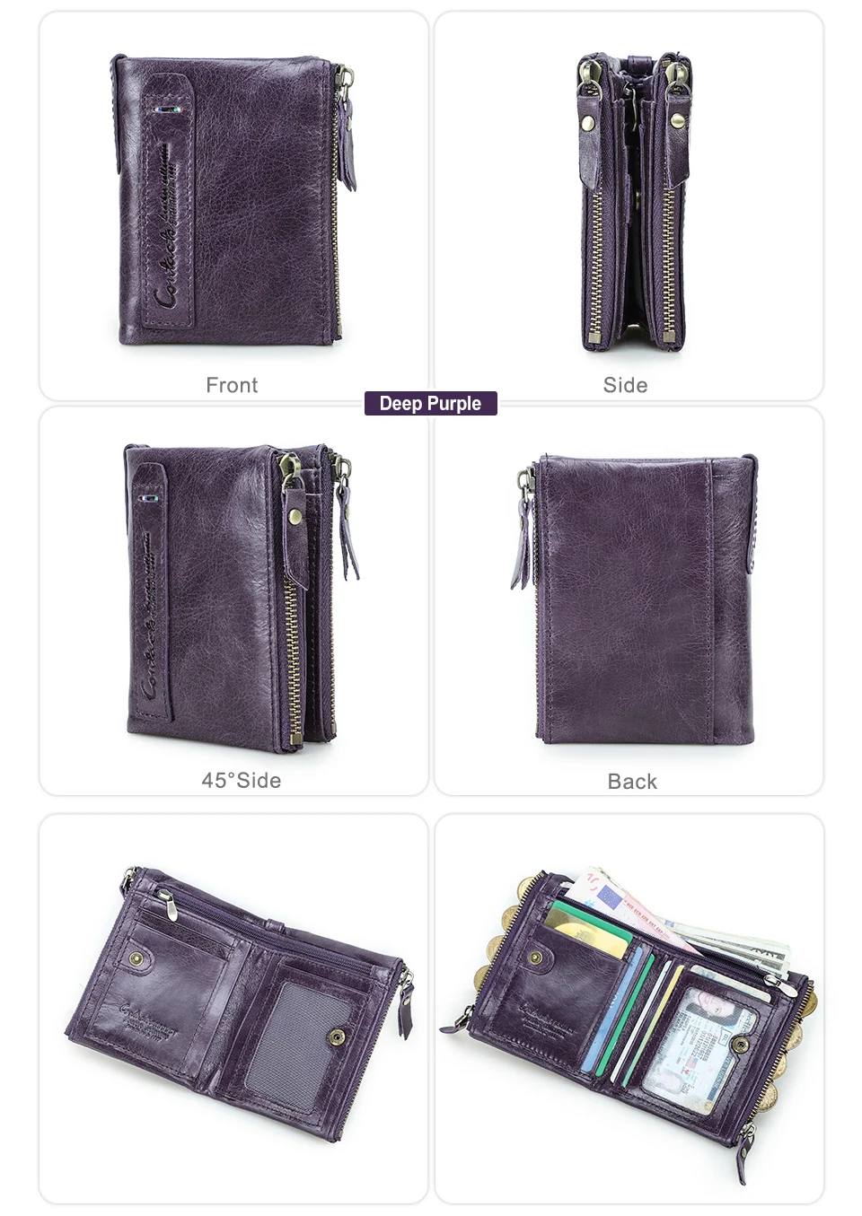 CONTACT'S Fashion Genuine Leather Women Wallet Bifold Card Holder Coin Purse Small Women's Purse Money Clip Men Pocket Wallets
