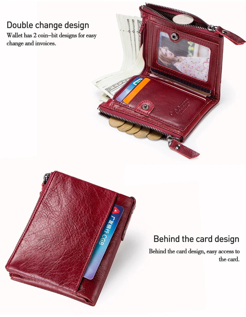 CONTACT'S Fashion Genuine Leather Women Wallet Bifold Card Holder Coin Purse Small Women's Purse Money Clip Men Pocket Wallets