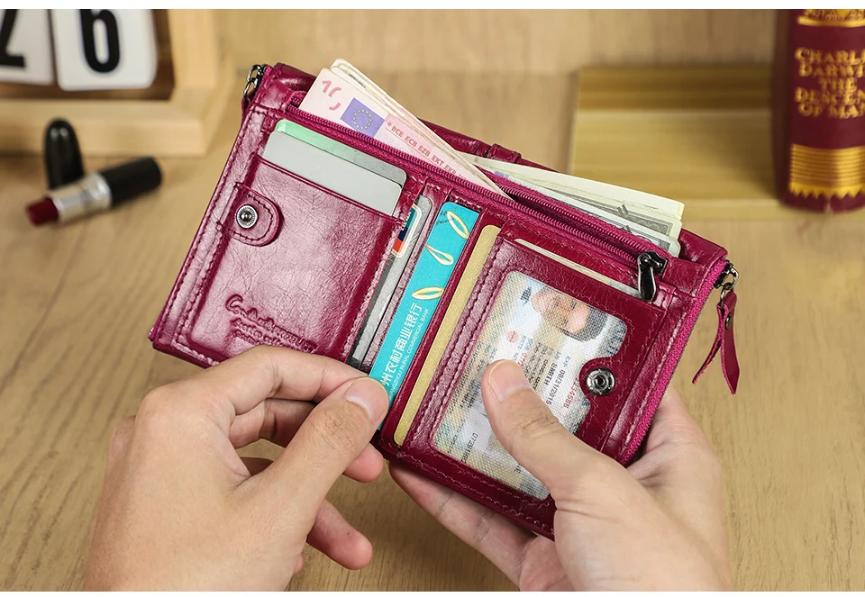 CONTACT'S Fashion Genuine Leather Women Wallet Bifold Card Holder Coin Purse Small Women's Purse Money Clip Men Pocket Wallets