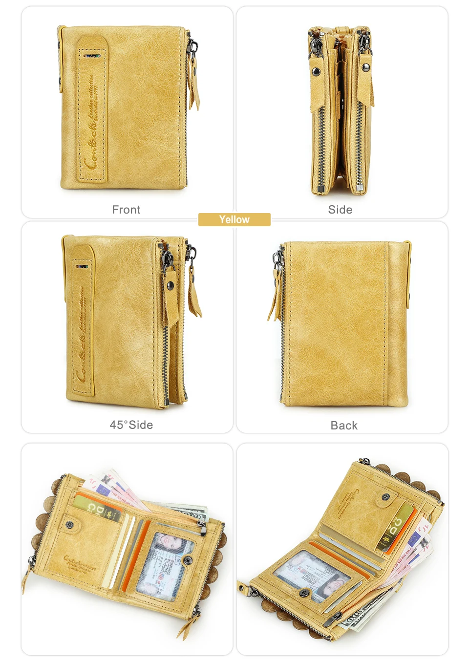 CONTACT'S Fashion Genuine Leather Women Wallet Bifold Card Holder Coin Purse Small Women's Purse Money Clip Men Pocket Wallets