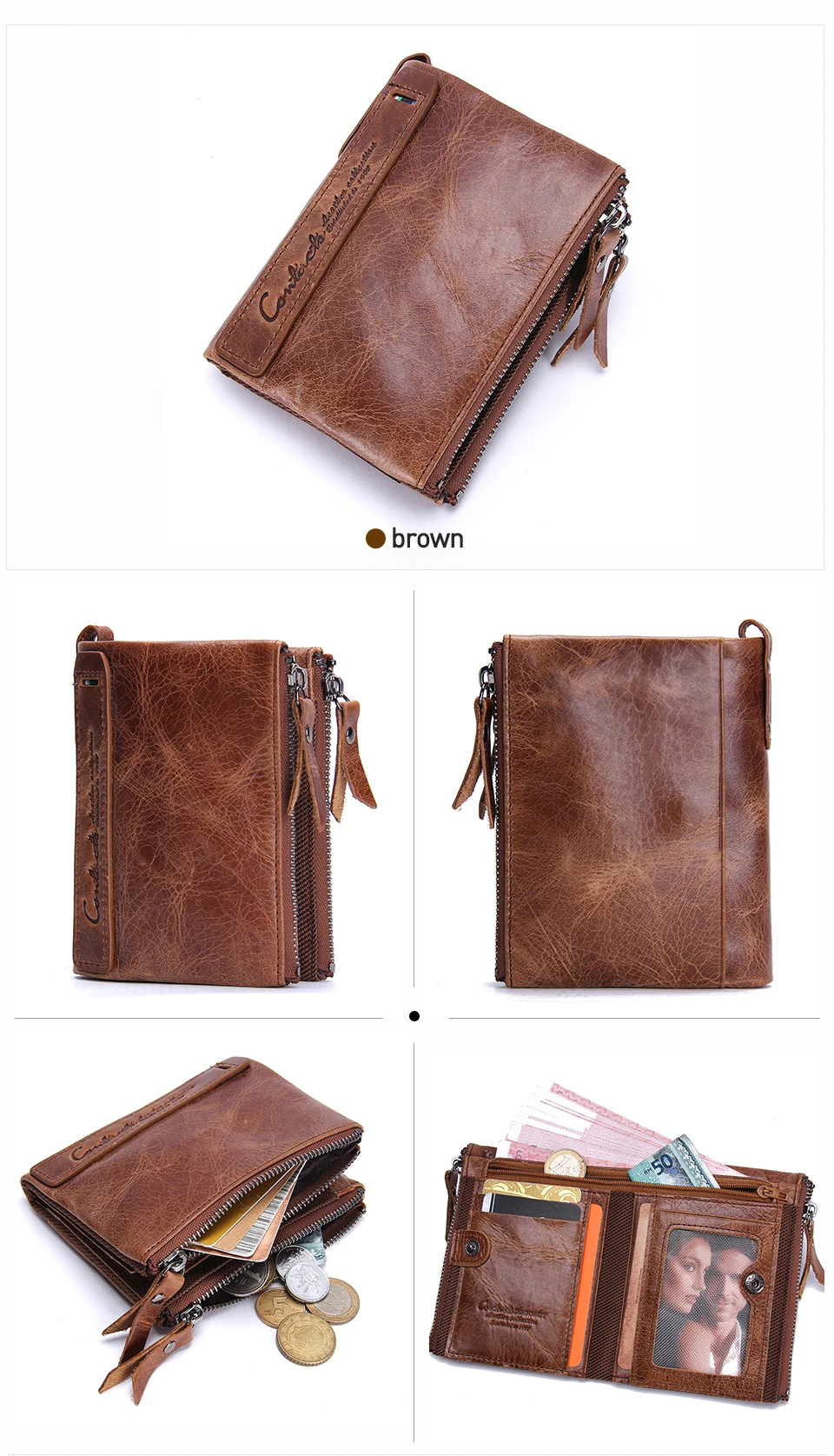 CONTACT'S Fashion Genuine Leather Women Wallet Bifold Card Holder Coin Purse Small Women's Purse Money Clip Men Pocket Wallets