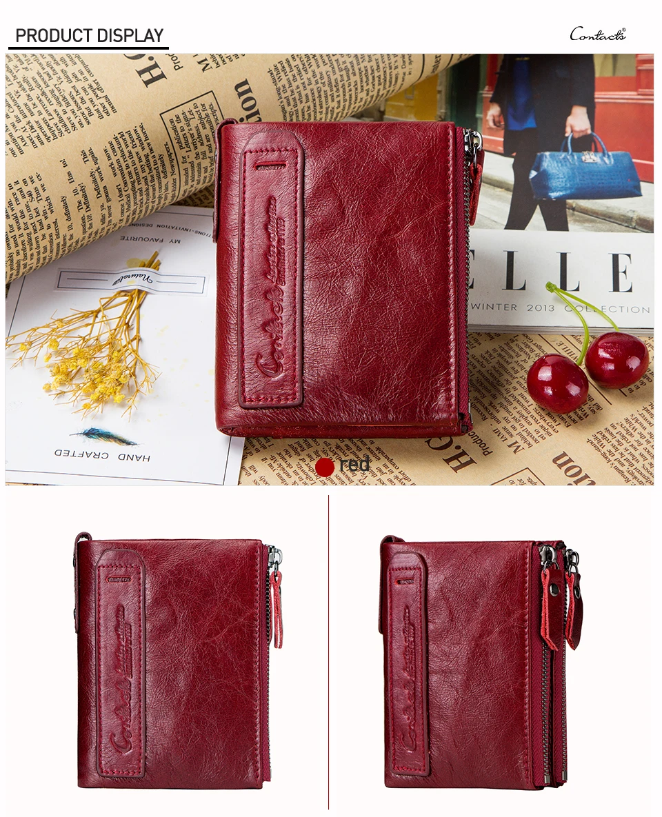 CONTACT'S Fashion Genuine Leather Women Wallet Bifold Card Holder Coin Purse Small Women's Purse Money Clip Men Pocket Wallets