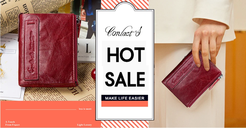CONTACT'S Fashion Genuine Leather Women Wallet Bifold Card Holder Coin Purse Small Women's Purse Money Clip Men Pocket Wallets