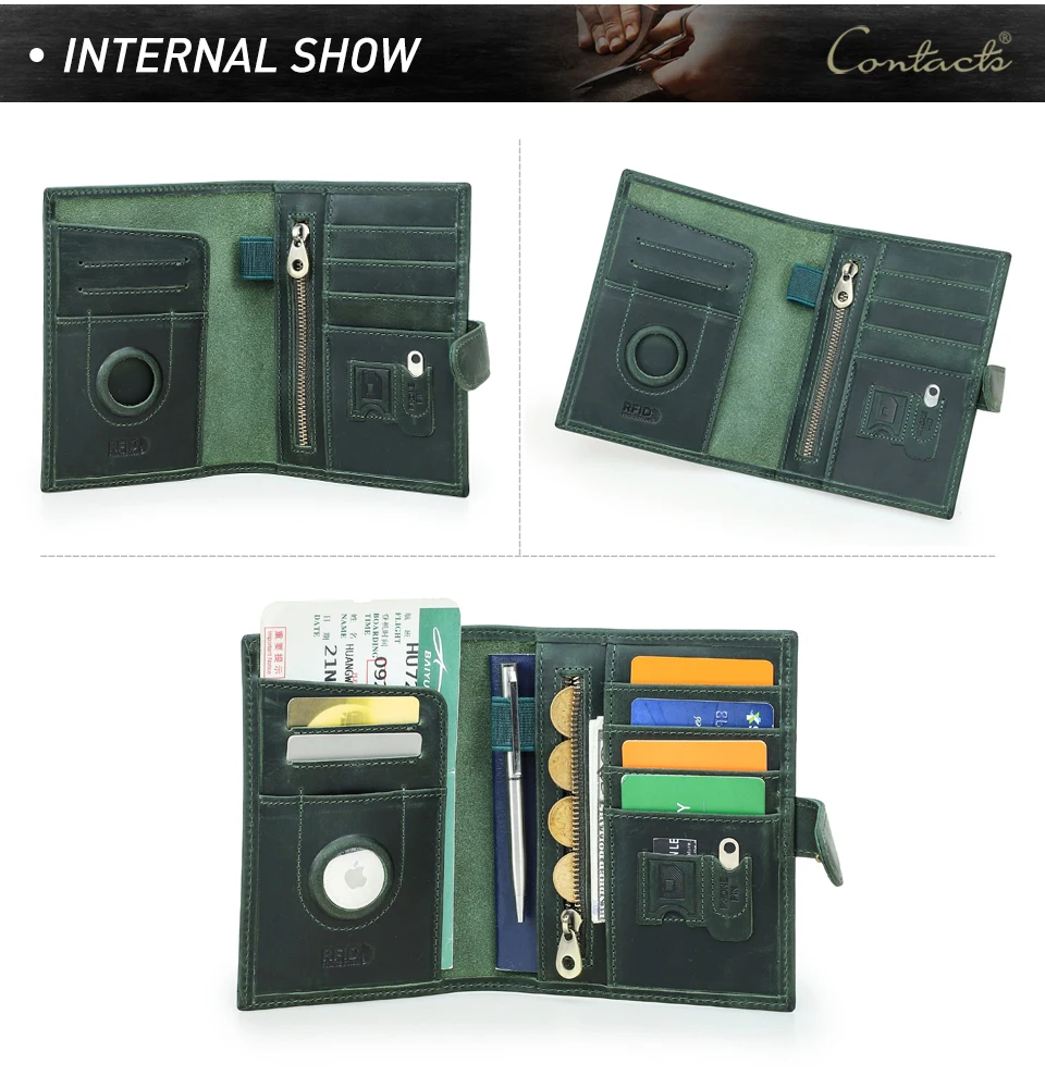 CONTACT'S Genuine Leather Passport Wallets Vintage Travel Card Holder Passport Cover Purse AirTag Slot, Free SIM Card Ejector