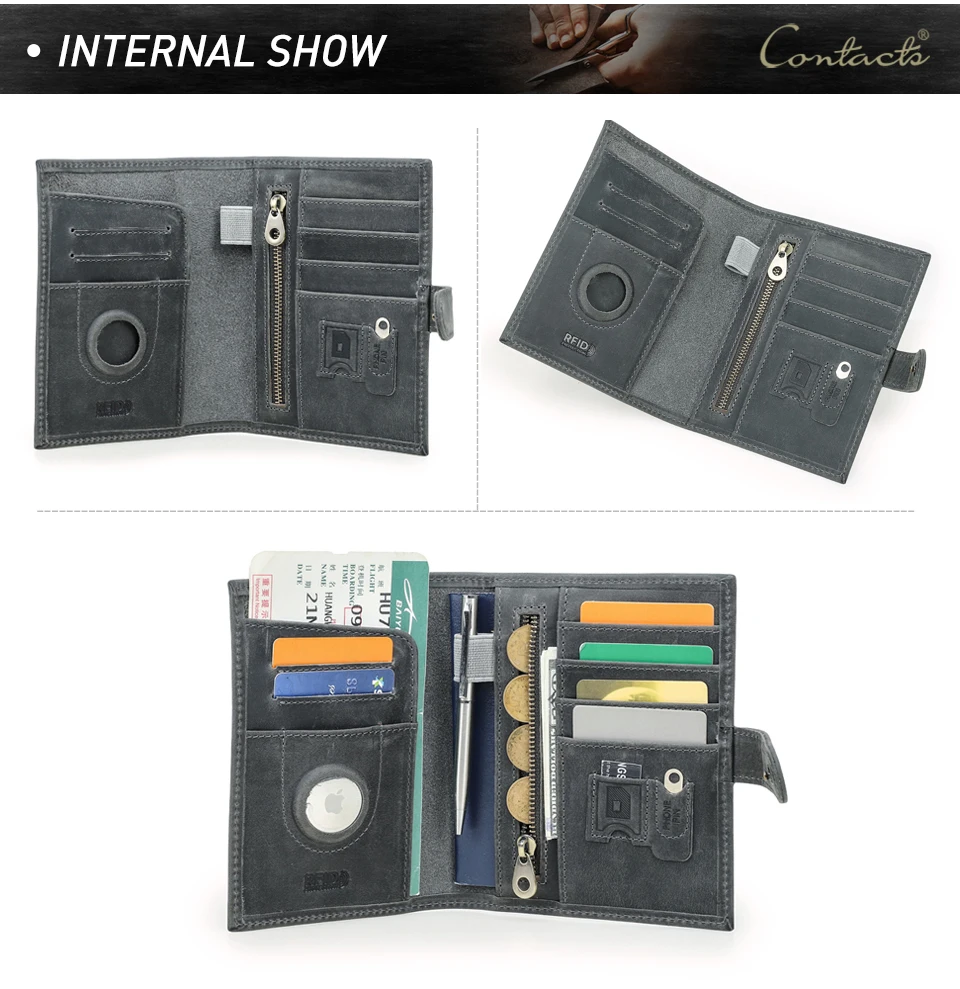 CONTACT'S Genuine Leather Passport Wallets Vintage Travel Card Holder Passport Cover Purse AirTag Slot, Free SIM Card Ejector