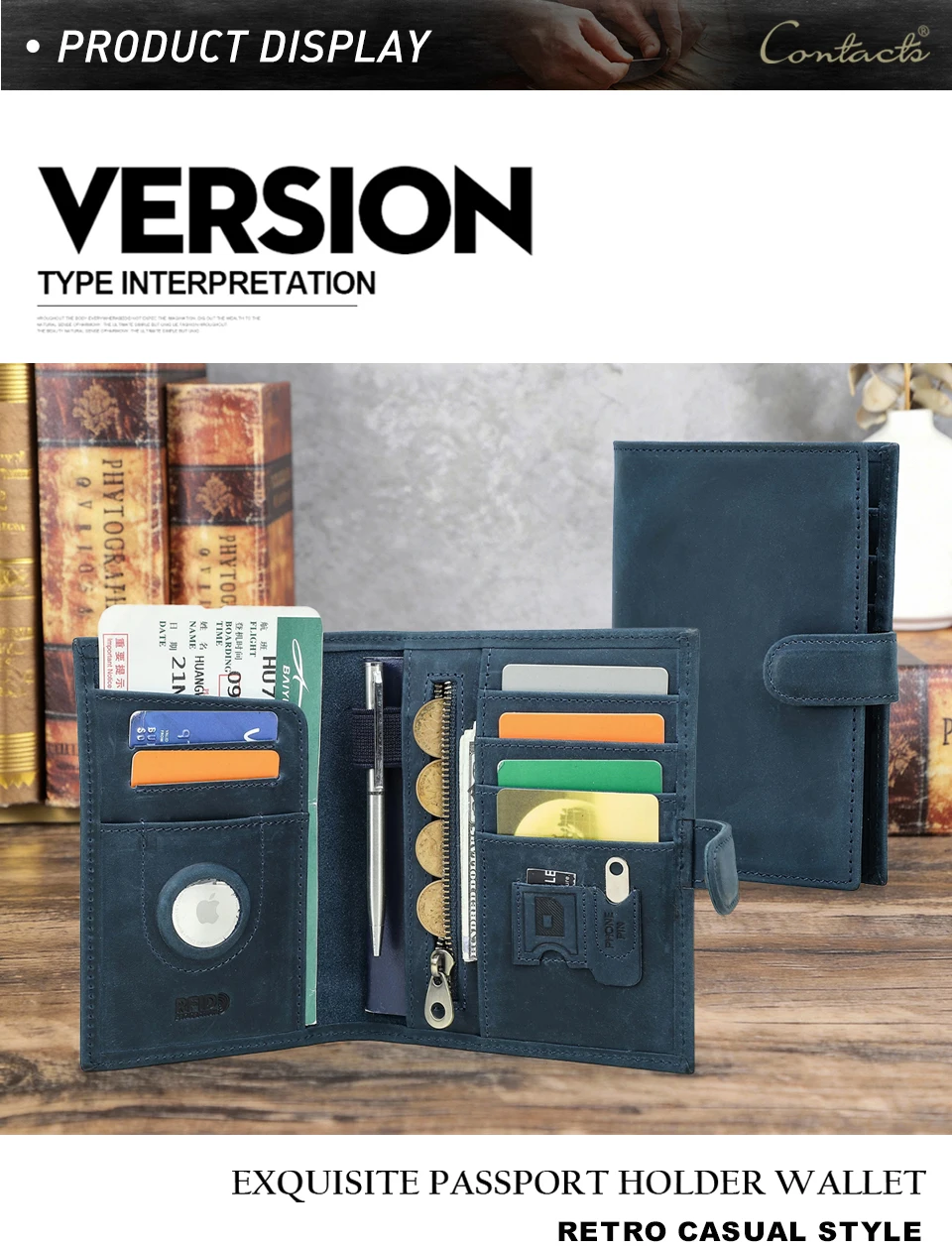 CONTACT'S Genuine Leather Passport Wallets Vintage Travel Card Holder Passport Cover Purse AirTag Slot, Free SIM Card Ejector
