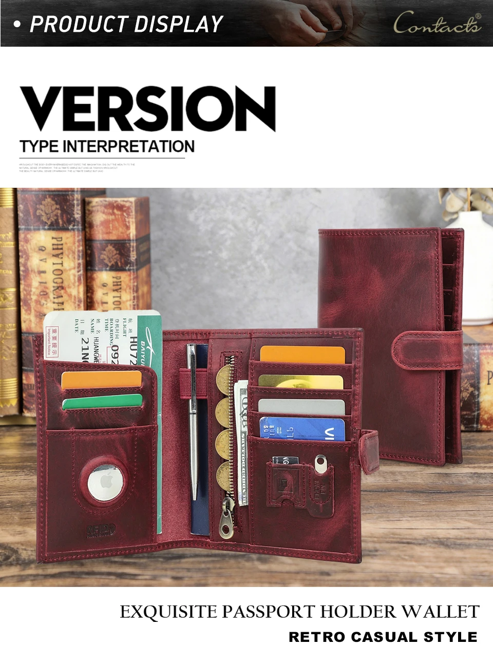 CONTACT'S Genuine Leather Passport Wallets Vintage Travel Card Holder Passport Cover Purse AirTag Slot, Free SIM Card Ejector