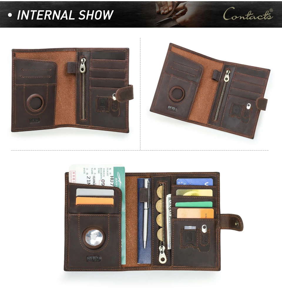 CONTACT'S Genuine Leather Passport Wallets Vintage Travel Card Holder Passport Cover Purse AirTag Slot, Free SIM Card Ejector
