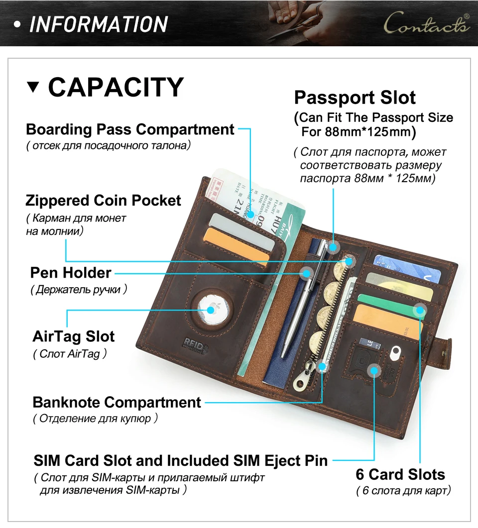 CONTACT'S Genuine Leather Passport Wallets Vintage Travel Card Holder Passport Cover Purse AirTag Slot, Free SIM Card Ejector