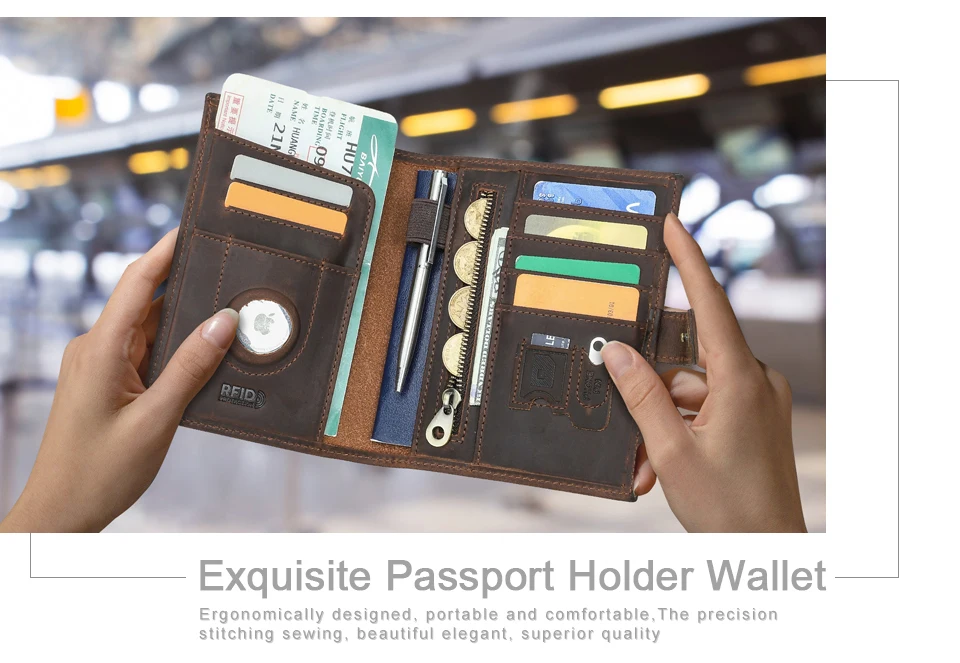 CONTACT'S Genuine Leather Passport Wallets Vintage Travel Card Holder Passport Cover Purse AirTag Slot, Free SIM Card Ejector
