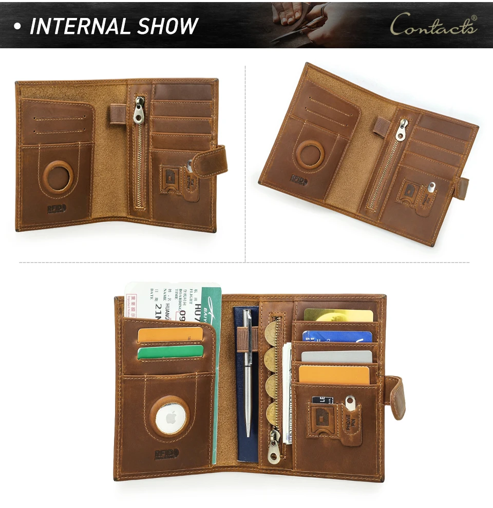 CONTACT'S Genuine Leather Passport Wallets Vintage Travel Card Holder Passport Cover Purse AirTag Slot, Free SIM Card Ejector
