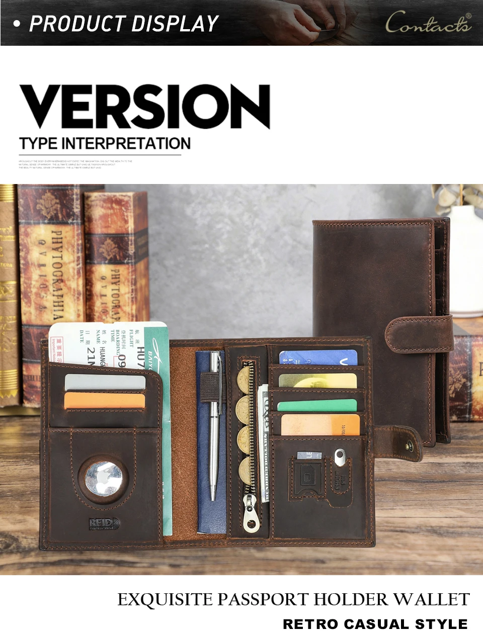 CONTACT'S Genuine Leather Passport Wallets Vintage Travel Card Holder Passport Cover Purse AirTag Slot, Free SIM Card Ejector