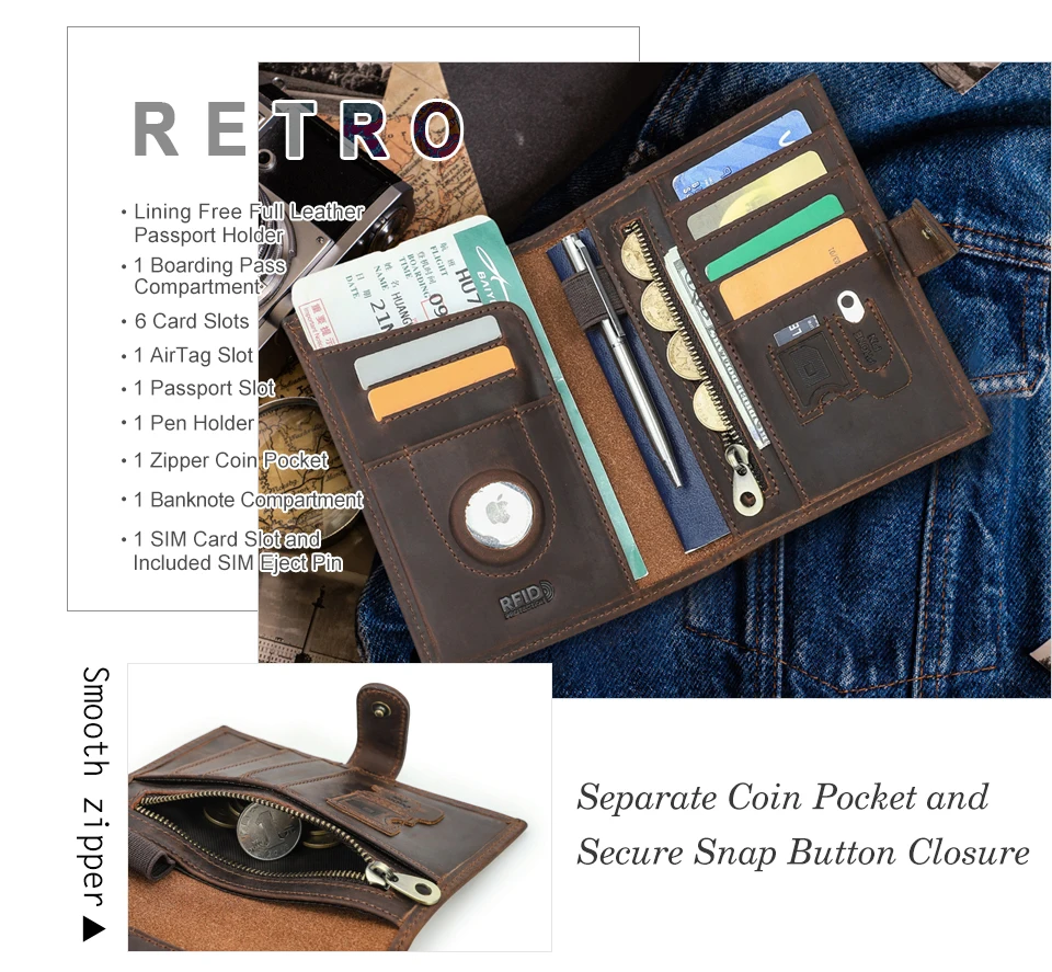 CONTACT'S Genuine Leather Passport Wallets Vintage Travel Card Holder Passport Cover Purse AirTag Slot, Free SIM Card Ejector