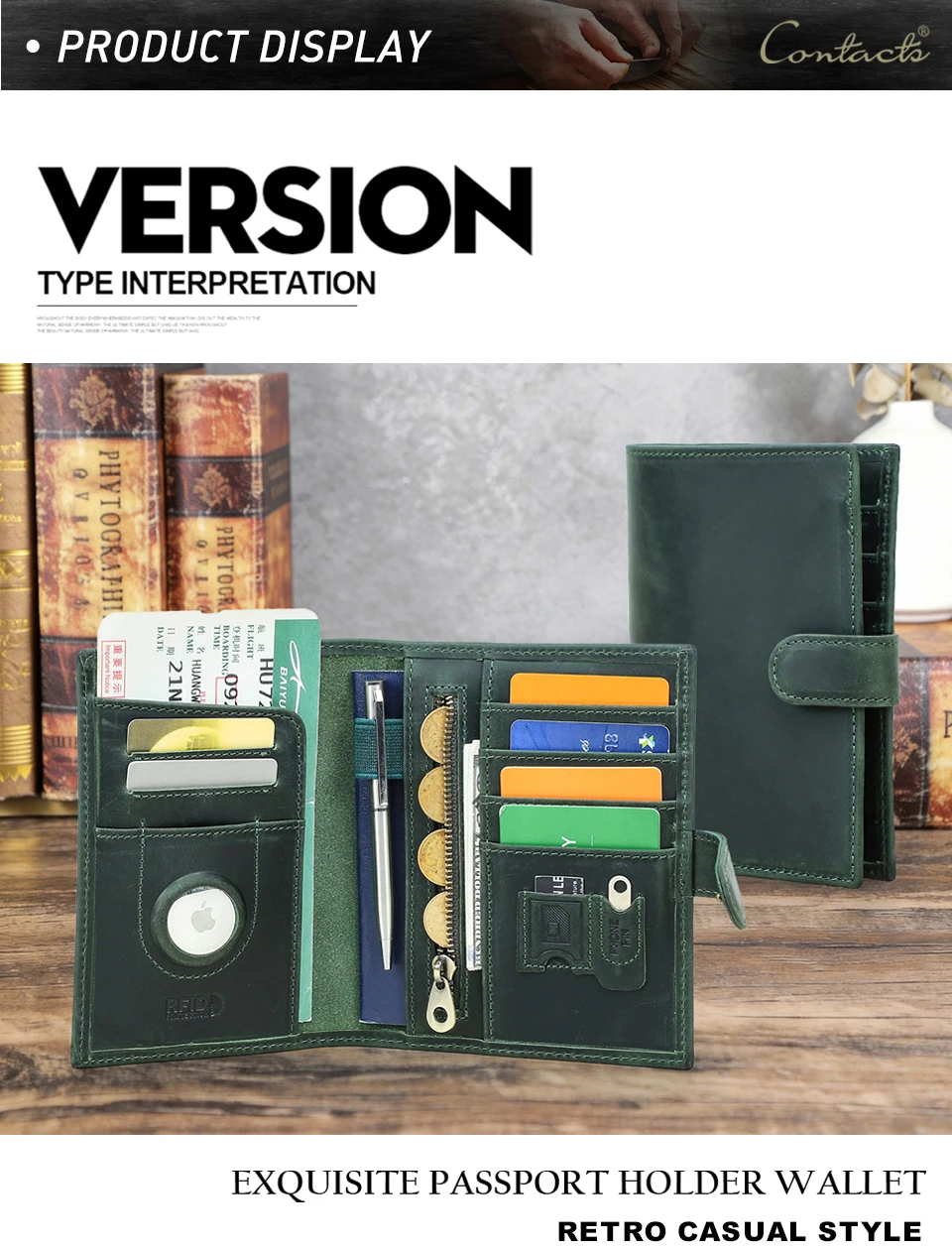CONTACT'S Genuine Leather Passport Wallets Vintage Travel Card Holder Passport Cover Purse AirTag Slot, Free SIM Card Ejector