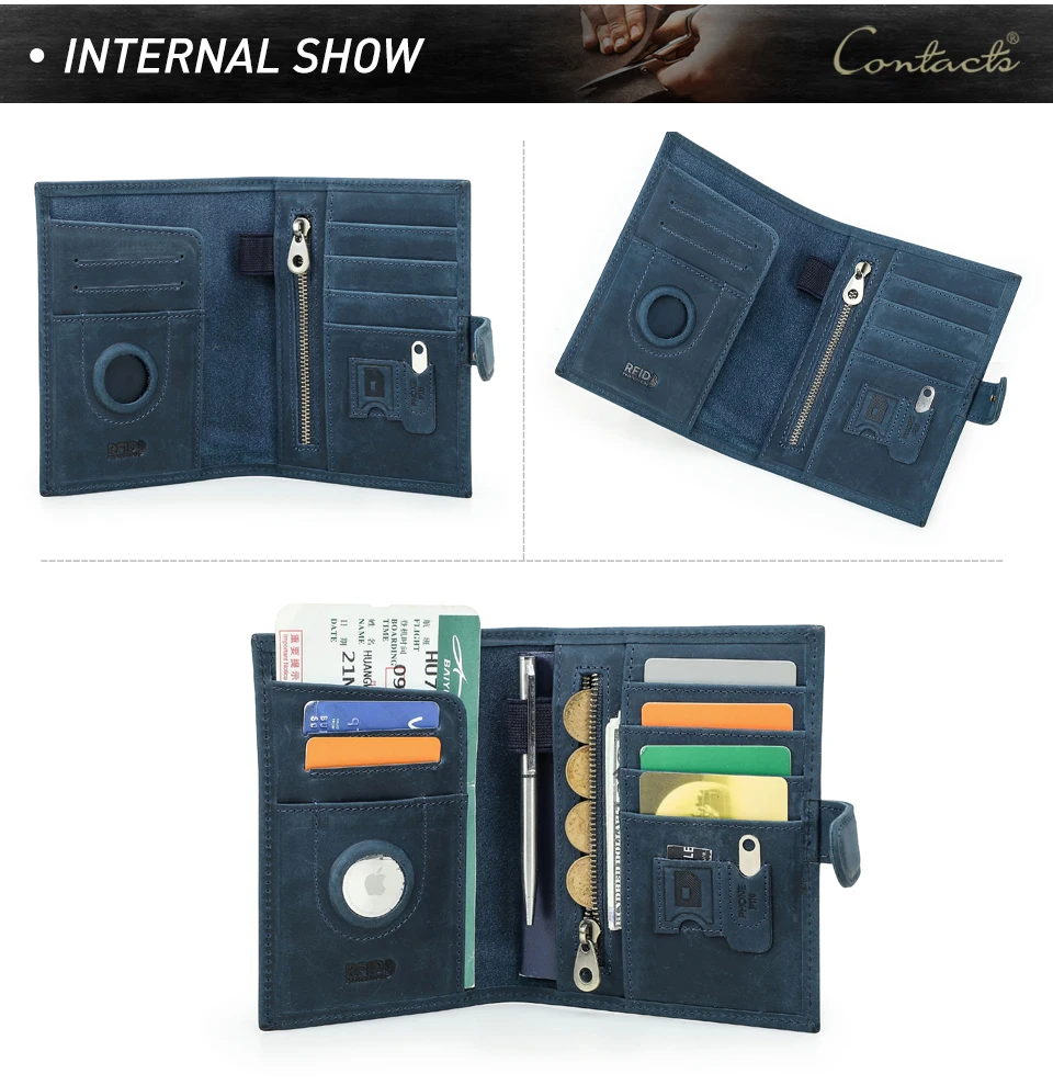CONTACT'S Genuine Leather Passport Wallets Vintage Travel Card Holder Passport Cover Purse AirTag Slot, Free SIM Card Ejector