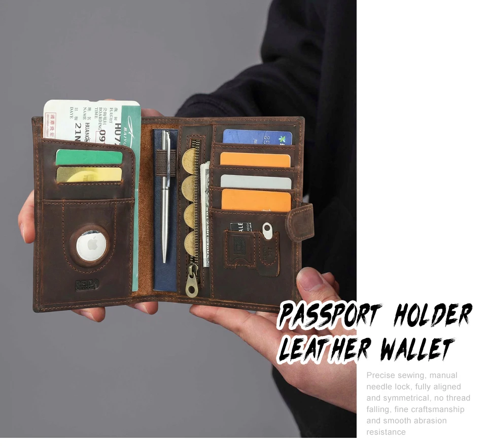 CONTACT'S Genuine Leather Passport Wallets Vintage Travel Card Holder Passport Cover Purse AirTag Slot, Free SIM Card Ejector