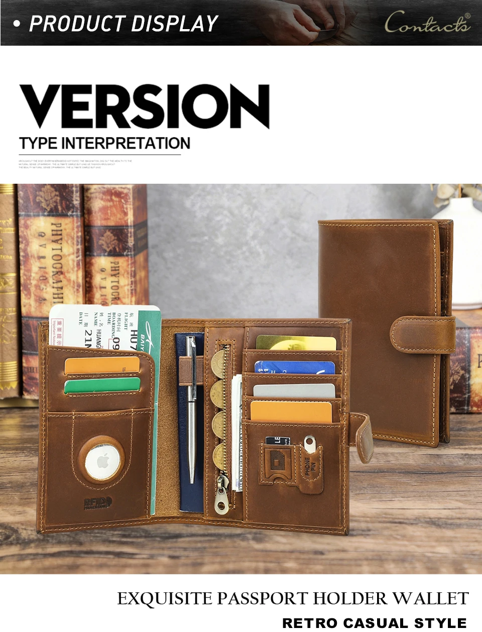 CONTACT'S Genuine Leather Passport Wallets Vintage Travel Card Holder Passport Cover Purse AirTag Slot, Free SIM Card Ejector