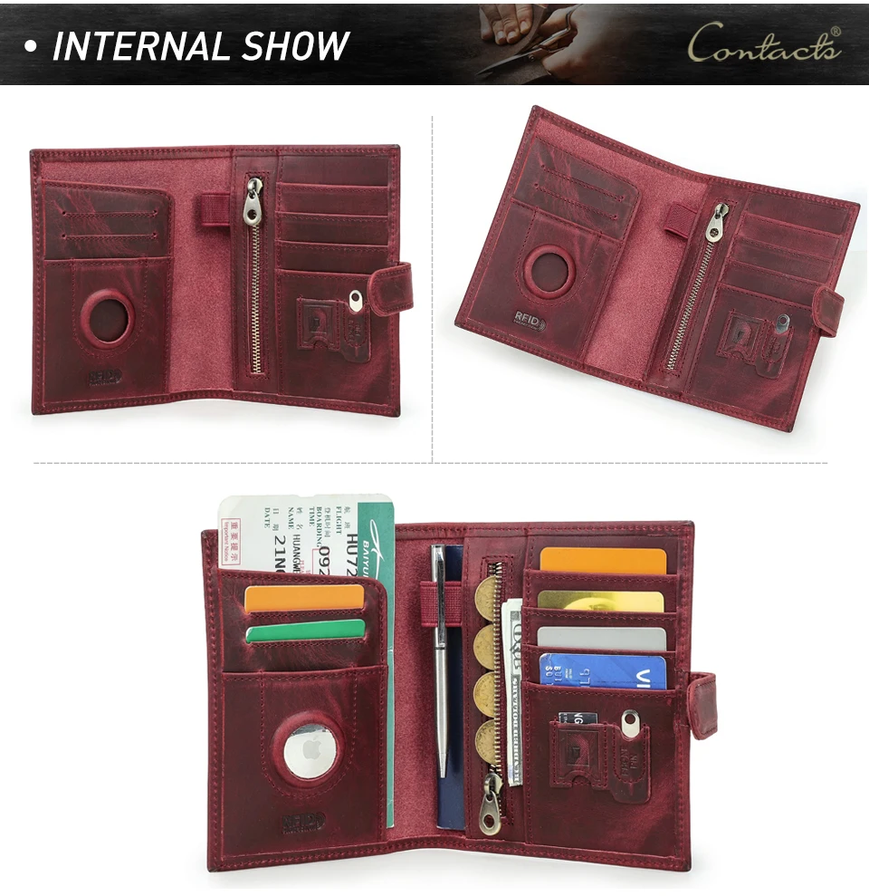 CONTACT'S Genuine Leather Passport Wallets Vintage Travel Card Holder Passport Cover Purse AirTag Slot, Free SIM Card Ejector